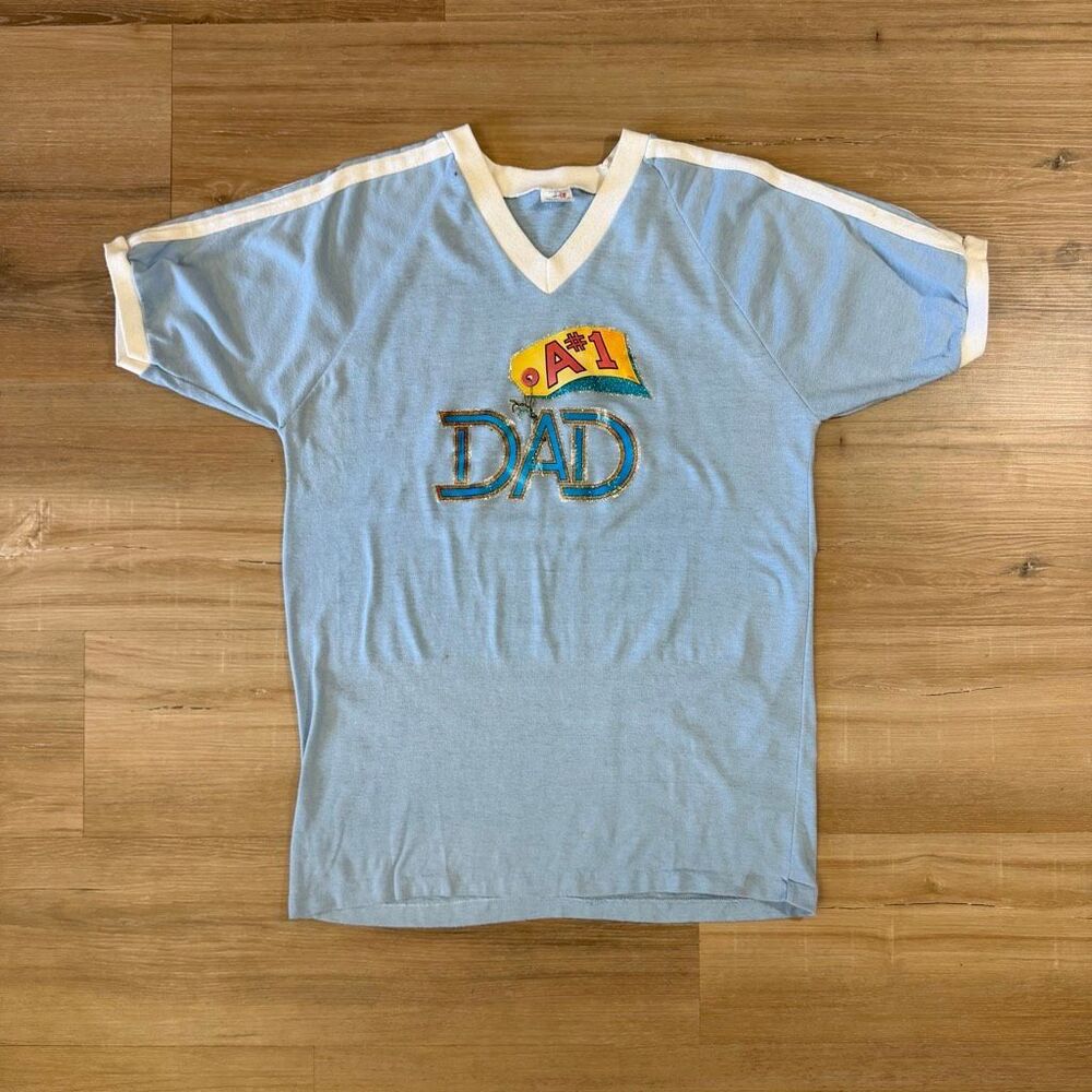 Vintage 70s #1 Dad Blue Shirt Size Large Fathers Day Ringer Tee Single Stitch